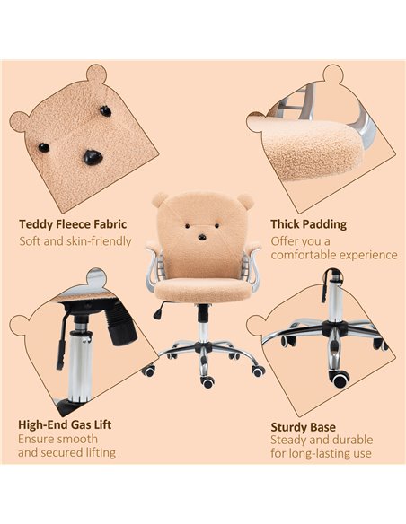 Vinsetto Cute Bear Shape Desk Chair with Teddy Fleece Fabric, Padded Armrests, Brown - pic 23368 | FastDaddyshop