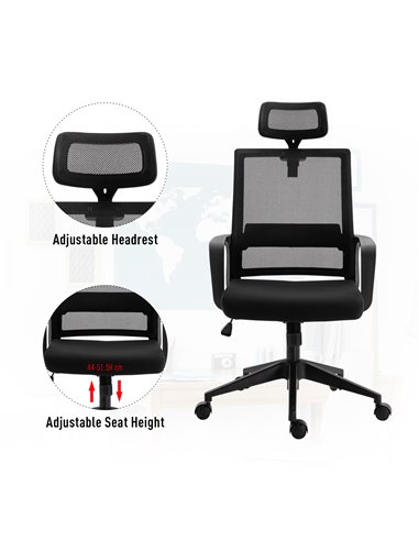 HOMCOM Mesh Swivel Office Chair with Adjustable Headrest, Lumbar Support, Home Task High Back Chair Adjustable Height, Black