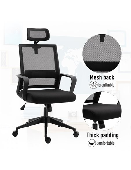 HOMCOM Mesh Swivel Office Chair with Adjustable Headrest, Lumbar Support, Home Task High Back Chair Adjustable Height, Black - pic 23502 | FastDaddyshop