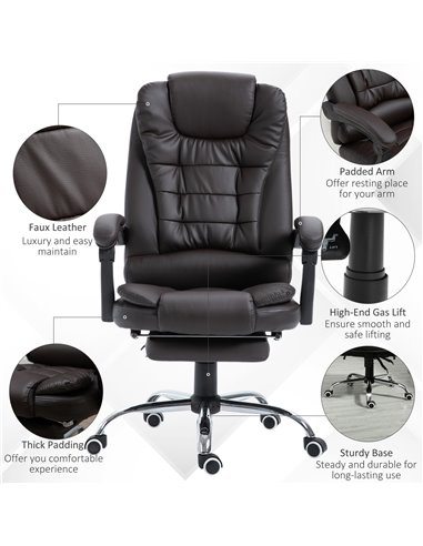 HOMCOM PU Leather Executive Office Chair with High Back, Retractable Footrest, Brown