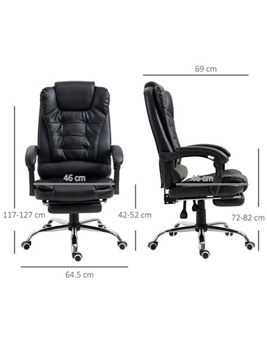 HOMCOM PU Leather Home Office Chair with Reclining Backrest, Retractable Footrest, Black