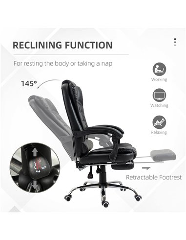 HOMCOM PU Leather Home Office Chair with Reclining Backrest, Retractable Footrest, Black