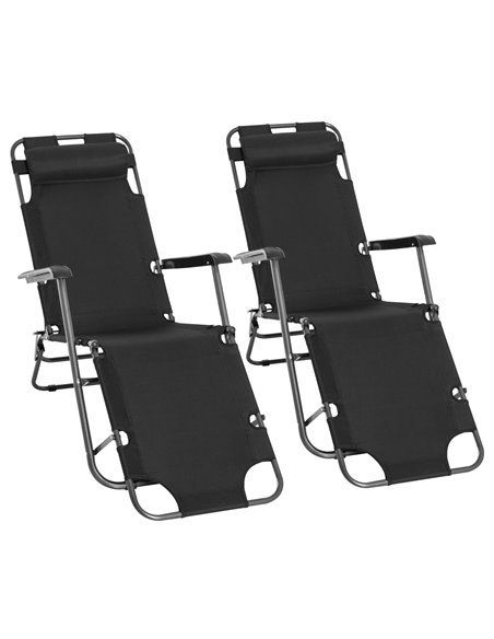 Outsunny 2 Pieces Foldable Sun Loungers with Adjustable Back, Outdoor Reclining Garden Chairs with Pillow and Armrests, Black - pic 23550 | FastDaddyshop