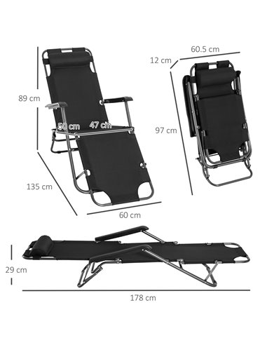 Outsunny 2 Pieces Foldable Sun Loungers with Adjustable Back, Outdoor Reclining Garden Chairs with Pillow and Armrests, Black