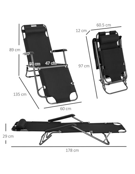 Outsunny 2 Pieces Foldable Sun Loungers with Adjustable Back, Outdoor Reclining Garden Chairs with Pillow and Armrests, Black - pic 23552 | FastDaddyshop