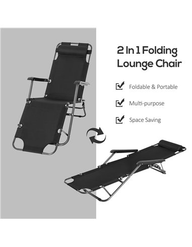 Outsunny 2 Pieces Foldable Sun Loungers with Adjustable Back, Outdoor Reclining Garden Chairs with Pillow and Armrests, Black