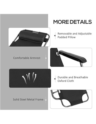 Outsunny 2 Pieces Foldable Sun Loungers with Adjustable Back, Outdoor Reclining Garden Chairs with Pillow and Armrests, Black