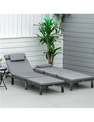 Outsunny 2 Pieces Outdoor PE Rattan Sun Loungers with Cushion, 5-Level Recliner Backrest, Grey