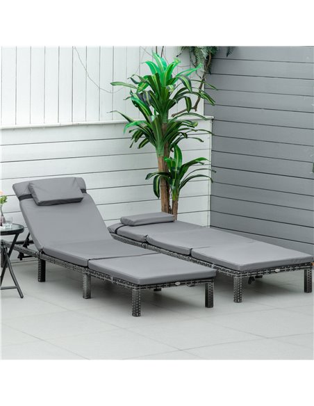 Outsunny 2 Pieces Outdoor PE Rattan Sun Loungers with Cushion, 5-Level Recliner Backrest, Grey - pic 23560 | FastDaddyshop