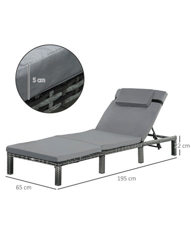 Outsunny 2 Pieces Outdoor PE Rattan Sun Loungers with Cushion, 5-Level Recliner Backrest, Grey