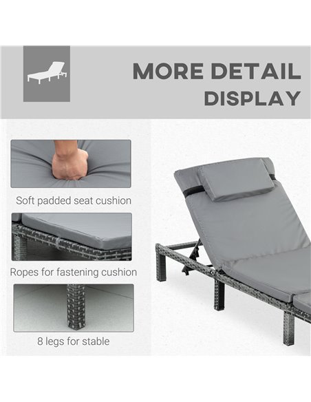 Outsunny 2 Pieces Outdoor PE Rattan Sun Loungers with Cushion, 5-Level Recliner Backrest, Grey - pic 23564 | FastDaddyshop