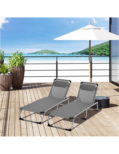 Outsunny 2 Pieces Foldable Sun Lounger with Pillow, 5-Level Adjustable Reclining, Grey