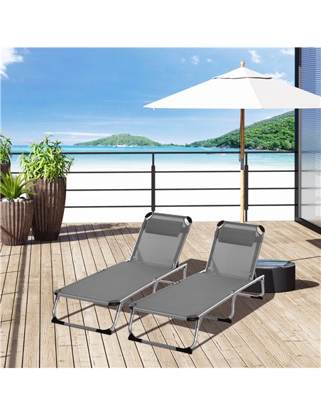 Outsunny 2 Pieces Foldable Sun Lounger with Pillow, 5-Level Adjustable Reclining, Grey - pic 23569 | FastDaddyshop