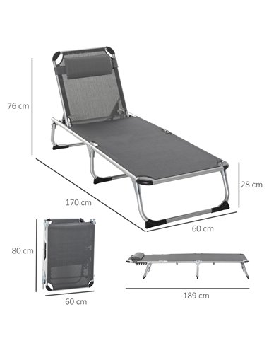 Outsunny 2 Pieces Foldable Sun Lounger with Pillow, 5-Level Adjustable Reclining, Grey
