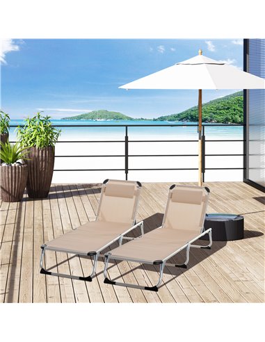 Outsunny 2 Pieces Foldable Sun Lounger with Pillow, 5-Level Adjustable Reclining, Khaki