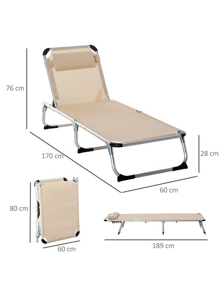 Outsunny 2 Pieces Foldable Sun Lounger with Pillow, 5-Level Adjustable Reclining, Khaki - pic 23588 | FastDaddyshop