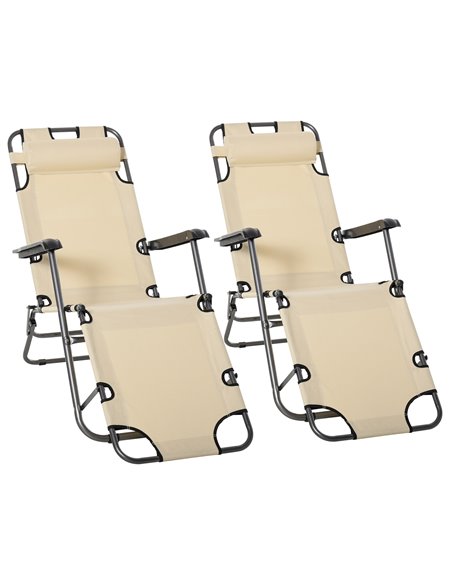 Outsunny 2 Pieces Foldable Sun Loungers with Adjustable Back, Pillow and Armrests, Beige - pic 23595 | FastDaddyshop