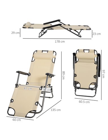 Outsunny 2 Pieces Foldable Sun Loungers with Adjustable Back, Pillow and Armrests, Beige