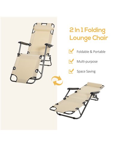 Outsunny 2 Pieces Foldable Sun Loungers with Adjustable Back, Pillow and Armrests, Beige