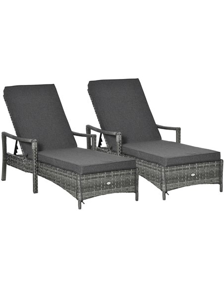 Outsunny PE Rattan Sun Loungers set of 2 with Cushion, 4-Level Recliner Backrest, Armrest, Grey - pic 23613 | FastDaddyshop