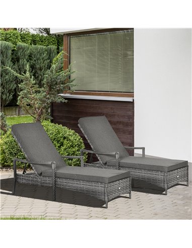 Outsunny PE Rattan Sun Loungers set of 2 with Cushion, 4-Level Recliner Backrest, Armrest, Grey