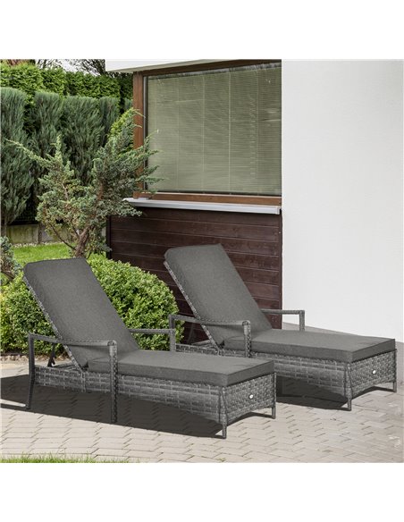 Outsunny PE Rattan Sun Loungers set of 2 with Cushion, 4-Level Recliner Backrest, Armrest, Grey - pic 23614 | FastDaddyshop