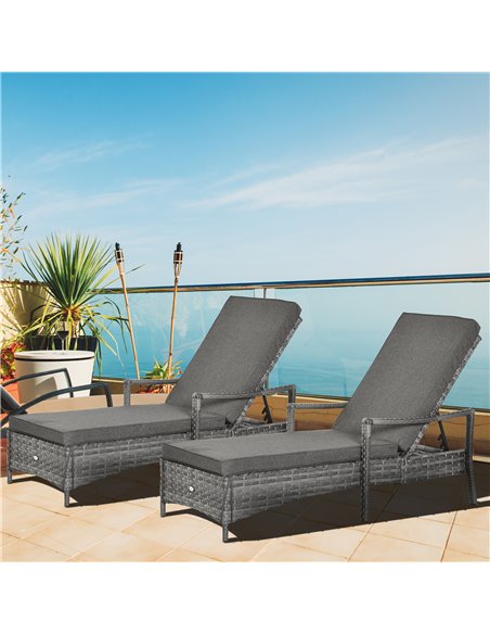 Outsunny PE Rattan Sun Loungers set of 2 with Cushion, 4-Level Recliner Backrest, Armrest, Grey - pic 23621 | FastDaddyshop