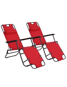 Outsunny 2 Pieces Foldable Sun Loungers with Adjustable Back, Pillow, Armrests, Red