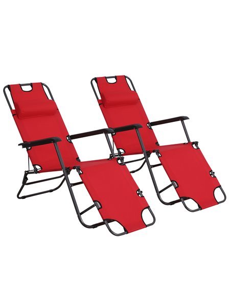 Outsunny 2 Pieces Foldable Sun Loungers with Adjustable Back, Pillow, Armrests, Red - pic 23622 | FastDaddyshop