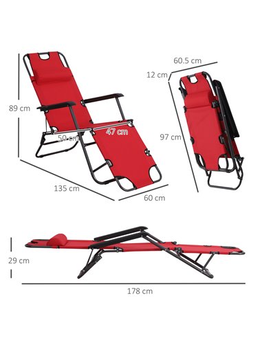 Outsunny 2 Pieces Foldable Sun Loungers with Adjustable Back, Pillow, Armrests, Red