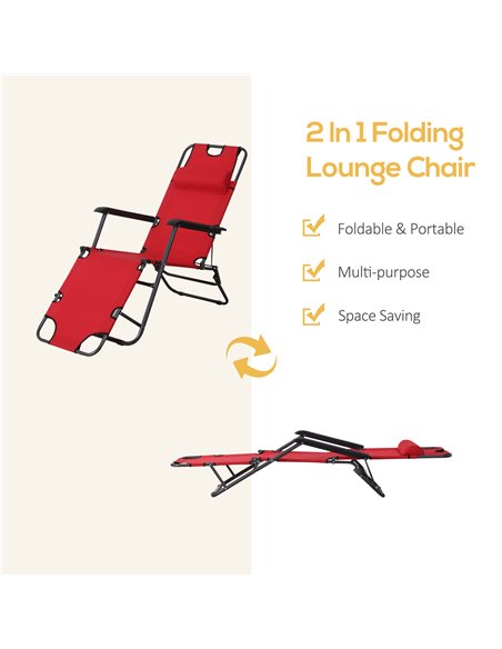 Outsunny 2 Pieces Foldable Sun Loungers with Adjustable Back, Pillow, Armrests, Red - pic 23625 | FastDaddyshop