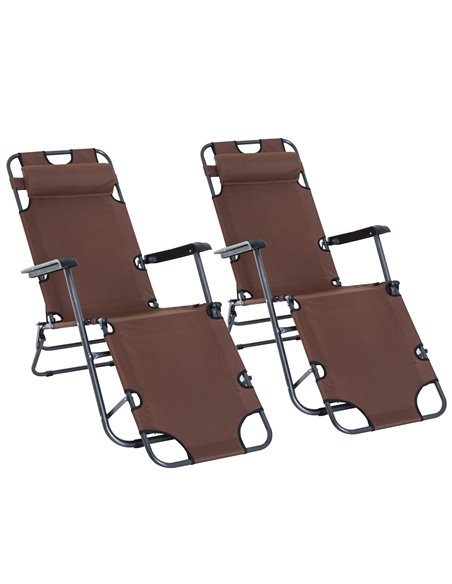 Outsunny 2 Pieces Foldable Sun Loungers with Adjustable Back, Pillow, Armrests, Brown - pic 23631 | FastDaddyshop