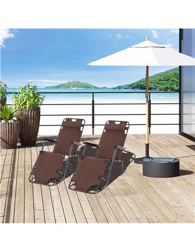 Outsunny 2 Pieces Foldable Sun Loungers with Adjustable Back, Pillow, Armrests, Brown