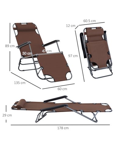 Outsunny 2 Pieces Foldable Sun Loungers with Adjustable Back, Pillow, Armrests, Brown