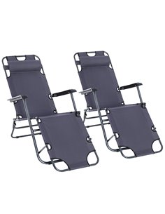 Outsunny 2 Pieces Foldable Sun Loungers with Adjustable Back, Pillow, Armrests, Grey