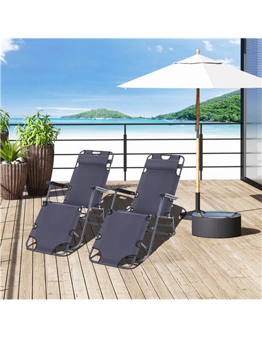 Outsunny 2 Pieces Foldable Sun Loungers with Adjustable Back, Pillow, Armrests, Grey