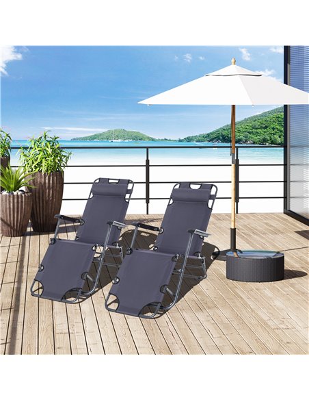 Outsunny 2 Pieces Foldable Sun Loungers with Adjustable Back, Pillow, Armrests, Grey - pic 23641 | FastDaddyshop