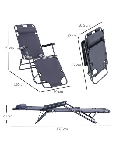 Outsunny 2 Pieces Foldable Sun Loungers with Adjustable Back, Pillow, Armrests, Grey