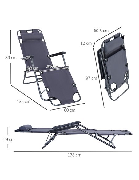 Outsunny 2 Pieces Foldable Sun Loungers with Adjustable Back, Pillow, Armrests, Grey - pic 23642 | FastDaddyshop
