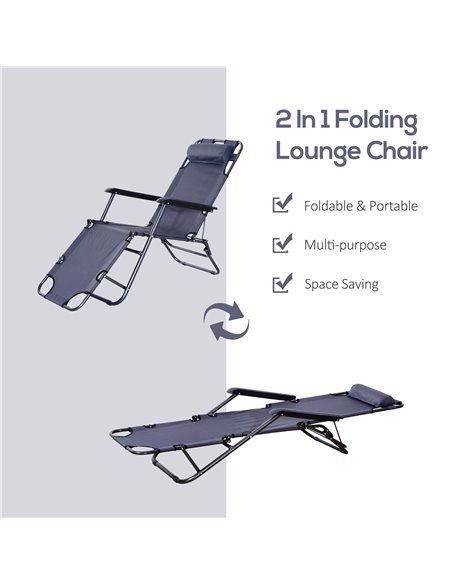 Outsunny 2 Pieces Foldable Sun Loungers with Adjustable Back, Pillow, Armrests, Grey - pic 23643 | FastDaddyshop