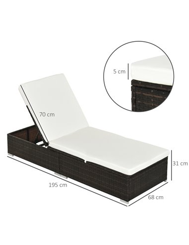 Outsunny 2 Pieces Outdoor PE Rattan Sun Loungers with Cushion, 5-Level Recliner Backrest, Brown