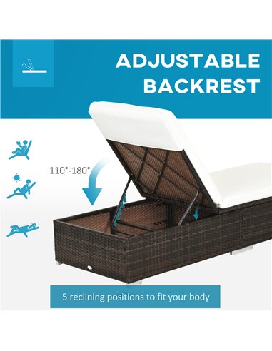Outsunny 2 Pieces Outdoor PE Rattan Sun Loungers with Cushion, 5-Level Recliner Backrest, Brown