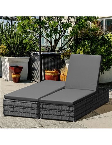 Outsunny PE Rattan Sun Loungers set of 2 with Cushion, 4-Level Recliner Backrest, Armrest, Grey
