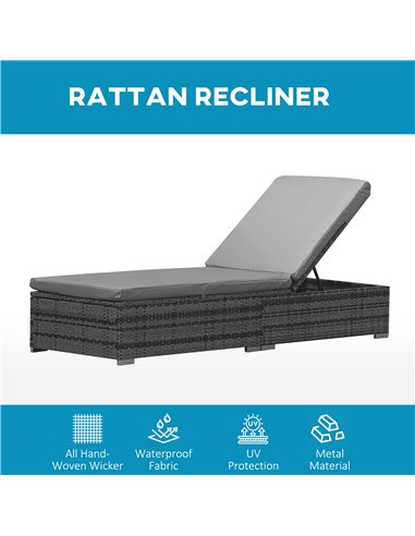 Outsunny PE Rattan Sun Loungers set of 2 with Cushion, 4-Level Recliner Backrest, Armrest, Grey