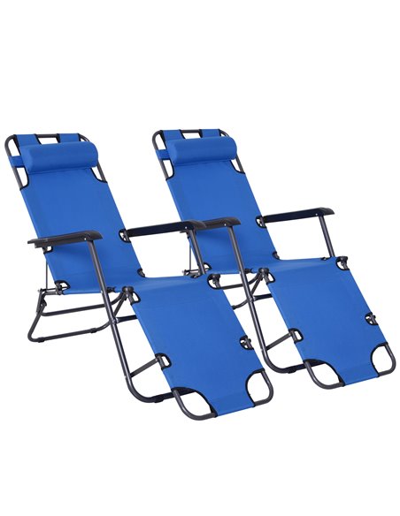 Outsunny 2 Pieces Foldable Sun Loungers with Adjustable Back, Pillow, Armrests, Blue - pic 23676 | FastDaddyshop