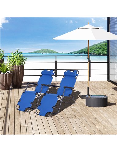 Outsunny 2 Pieces Foldable Sun Loungers with Adjustable Back, Pillow, Armrests, Blue