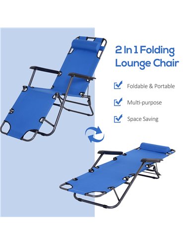 Outsunny 2 Pieces Foldable Sun Loungers with Adjustable Back, Pillow, Armrests, Blue