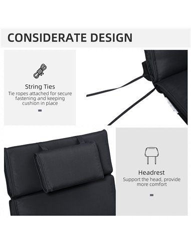 Outsunny Garden Sun Lounger Cushion Replacement Thick Sunbed Reclining Chair Relaxer Pad with Pillow - Black