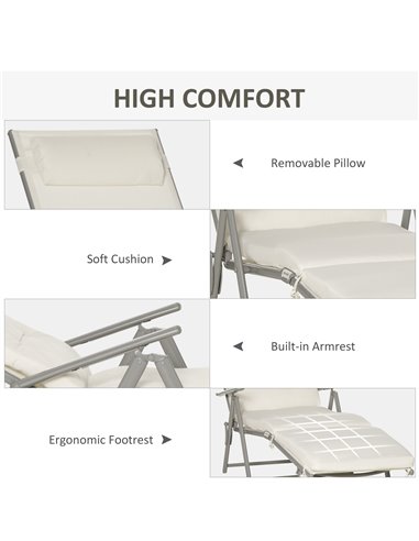 Outsunny Outdoor Patio Sun Lounger Garden Texteline Foldable Reclining Chair Pillow Adjustable Recliner with Cushion - Cream Whi