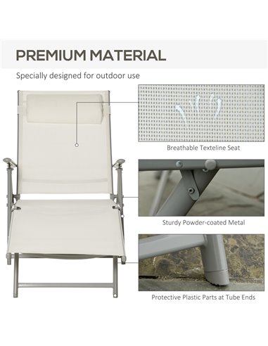 Outsunny Outdoor Patio Sun Lounger Garden Texteline Foldable Reclining Chair Pillow Adjustable Recliner with Cushion - Cream Whi